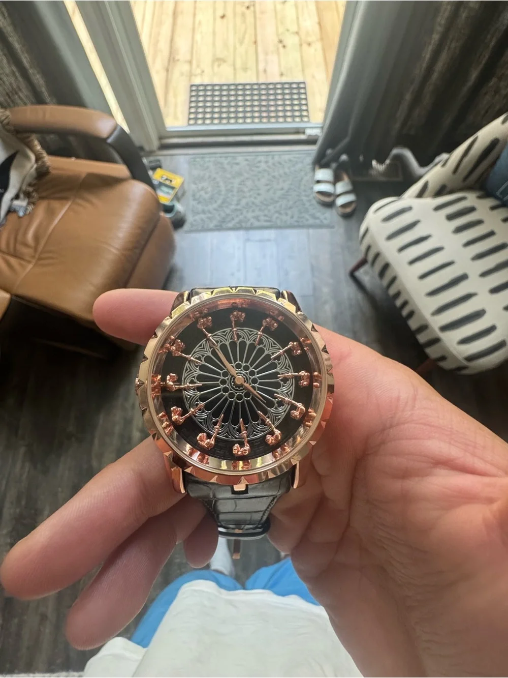 Men's Rose Gold Mechanical-Style Watch with Black Strap